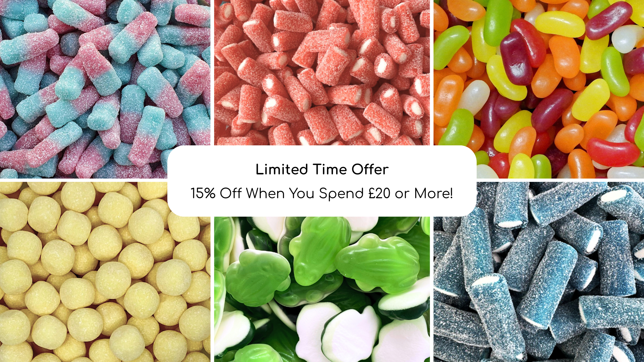 Collage of colourful gummy sweets with a limited time offer text overlay